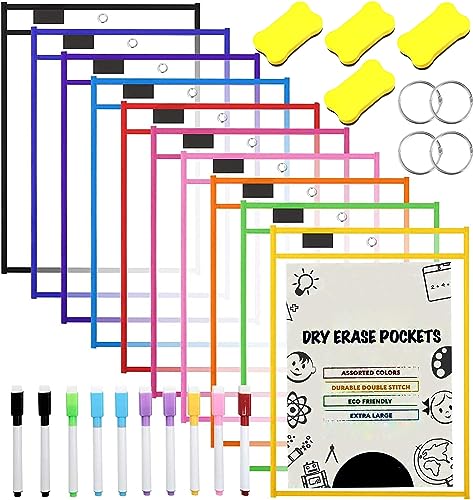 10 Piezas Bolsillos Reutilizables de Borrado En Seco A4, Reutilizable Escribir y Limpiar Bolsillos Resuable Dry Erase Pockets Papelería Suministros para Oficina Aula y Colegio, Guardería