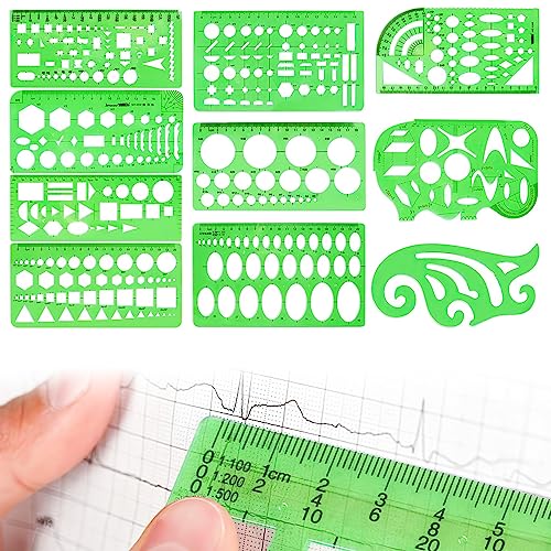 10pcs que Miden Plantillas de Plástico, Verde Plantillas Circulares Plantillas de Dibujo Geométrico Construcción de Diseño de Joyería Reglas de Encofrado Conjuntos Para Oficina y Escuela