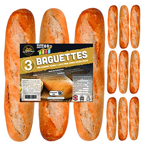 12 x Baguettes de Pan SiempreTierno 110 grs (1320 grs total) · Dura hasta 88 días sin necesitad de frio ni congelación · Ideal para cualquier momento · Embolsadas en Atmosfera Protectora.