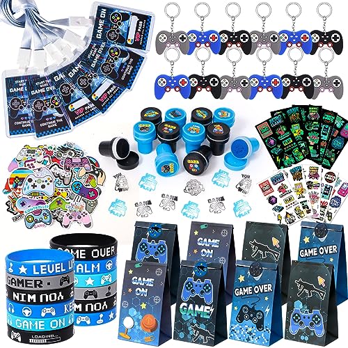 122pcs Videojuegos Artículos Fiesta Piñata Cumpleaños Infantil con Pulsera Silicona Llaveros Bolsas de Fiesta Sello Pegatina Tatuaje Luminosa VIP Pase Video Game Regalos Invitados Cumpleaños Niños