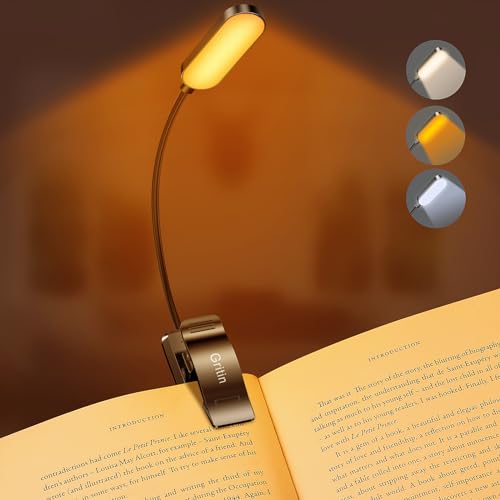 16 LED Luz de libro, Gritin Lampara Libro de Lectura con 3 Modos de Protección para Los Ojos (Blanco/Ámbar/Mixto) - Atenuación Continua, Recargable, Batería de Larga Duración, Luz de Lectura con Clip