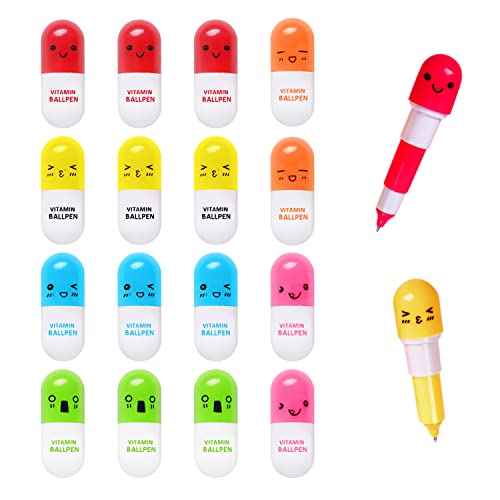 16 mini píldoras de vitamina bolígrafo con forma de cápsula con expresión kawaii cara bolígrafo regalo retráctil, bolígrafo portátil para escuela, oficina y hogar (6 colores)