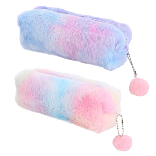 2 Piezas Estuche para Lápices Arcoíris, Estuche de lápices de Peluche, Estuches Boligrafos de Peluche con Cremallera para Guardar Lápices Papelería Maquillaje