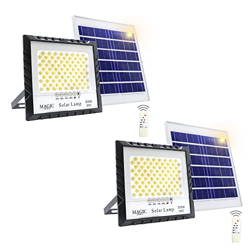 2x Foco Proyector 300W 340LED con Panel Solar Fotovoltaico, Mando a Distancia y Sensor de Encendido Automático. Foco Solar IP67 con Luz Blanca, Iluminación de Exterior, Patio, Jardín, Camino, Garaje