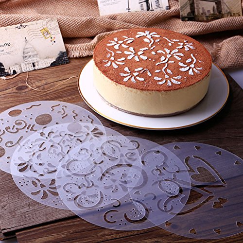 4 piezas de plantillas de pastel con elegantes diseños de flores, Cake Stencil Happy Birthday Cupcake Stencils Decorating Flower Stencils Coffee Stencils Juego de 4 (20cm)