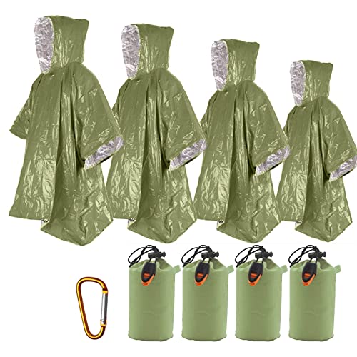 4 ponchos de emergencia de 99,8 x 125,0 cm, manta térmica de Mylar espacial, ponchos de lluvia, equipo de supervivencia y equipo para actividades al aire libre, camping, senderismo (4 unidades verdes)