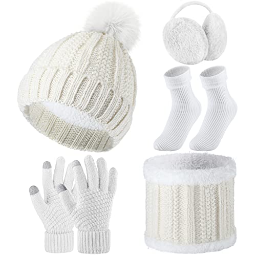 5 Piezas Set de Gorro de Punto de Pompones Bufanda Guantes Orejeras Calcetines para Invierno Mujer Esquí (Blanco)