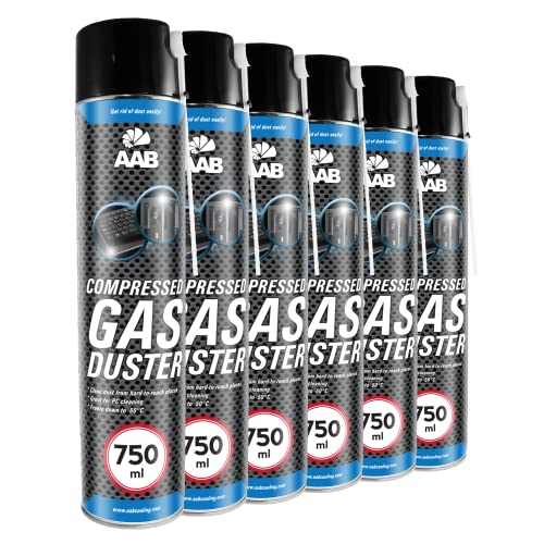 6 x AAB Spray de Aire Comprimido 750ml para Limpiar Teclados, Ordenadores, Copiadoras, Cámaras, Impresoras y Otros Equipos Eléctricos, Efectividad Limpieza sin CFC's, Eliminación de Polvo, PC