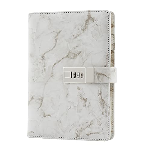 A5 Blocs y cuadernos con cerradura, Mármol de cuero PU Cuaderno de Contraseña de notas Cuaderno diario creativo con portalápices para hombre, mujer, adolescente (gris)