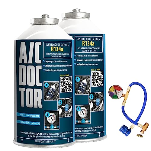 AC DOCTOR Kit 2 x Gas Refrigerante Orgánico Ecológico sustituto del R134a para recarga aire acondicionado de coche de 1995-2016 y manguera con manómetro