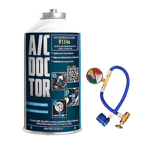 AC DOCTOR Kit Gas Refrigerante Orgánico Ecológico sustituto del R134a para recarga aire acondicionado de coche de 1995-2016 y manguera con manómetro