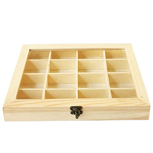 Acan Tradineur - Caja de madera con 16 compartimentos y tapa con cristal, expositor de joyas, organizador, joyero, collares, pendientes, relojes, 27 x 19,8 x 3,8 cm, cierre y base aleatorios