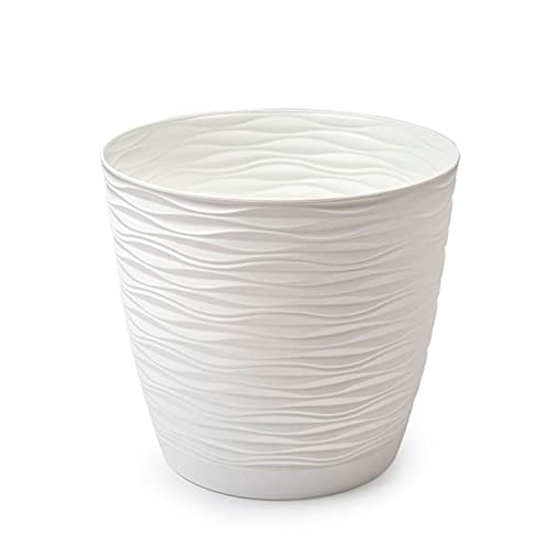 Acan Tradineur - Maceta Redonda con Plato - Diseño Wind (Ø 19 cm) - Fabricado en plástico - Ideal parajardín Exterior, terraza o balcón - Color Blanco Roto