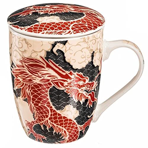 Acan Tradineur - Taza de té de cerámica con filtro de acero inoxidable y tapa, mantiene caliente la infusión, diseño oriental (Dragón, 300 ml, modelo aleatorio)