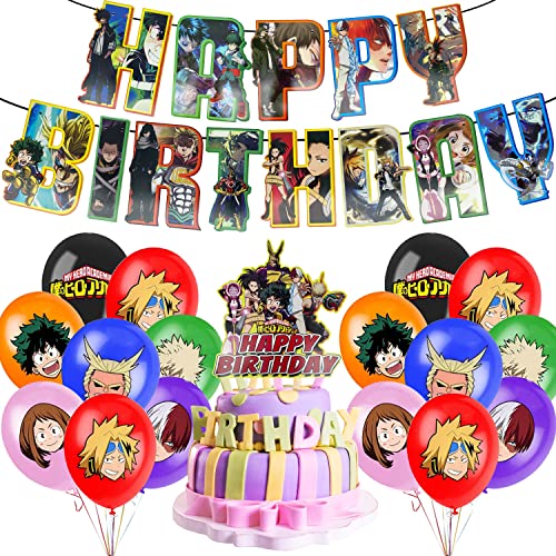 Accesorios para Fiesta de Cumpleaños, Diseño de Doyomtoy My Hero Academia con Temática de Tartas, Incluye 1 Pancarta de Cumpleaños, 1 Decoración de Tartas, 21 Globos de Látex