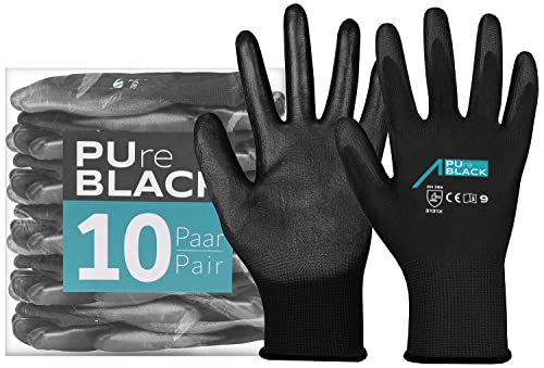 ACE PUre Negro 10 pares de guantes de trabajo - sensibles y robustos - para el trabajo - EN 388/21420 - Negro - 07/S