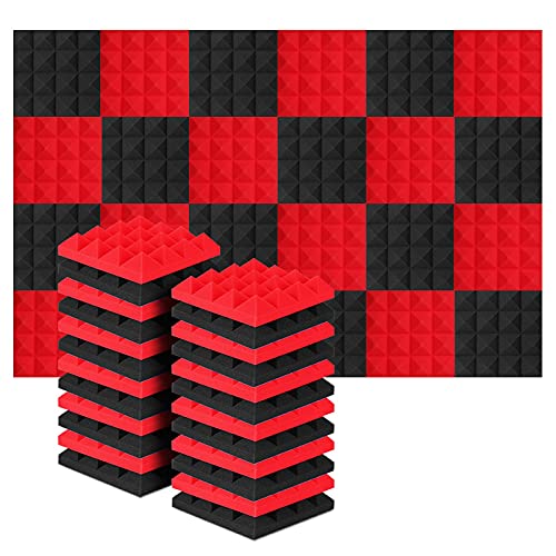 Acolchado Insonorizado, AGPtEK 24 Paquetes de Espuma Insonorizadora 25x25x5CM Paneles de Espuma Acústica, Ideales para Grabar en Estudios, Salas de TV, Habitaciones de Niños, 12 Negro, 12 Rojo