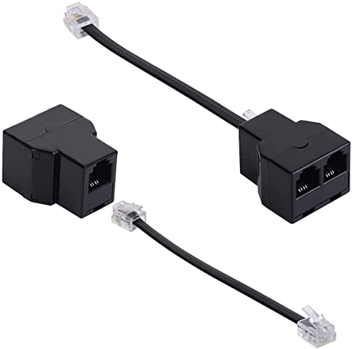 Adaptador de cable de línea telefónica, divisor de adaptador de teléfono negro de 2 paquetes de SHONCO, adaptador de teléfono, con divisor de enchufes RJ11 6P4C, máquina de fax, (paquete de 2)