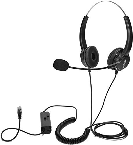 AGPTEK Auriculares Teléfono Fijo Binaural RJ9, Cascos con Cancelación de Ruido Micrófono Headset Headphone para Mayoría Teléfonos Fijos, Atención al Cliente de Centro de Llamadas