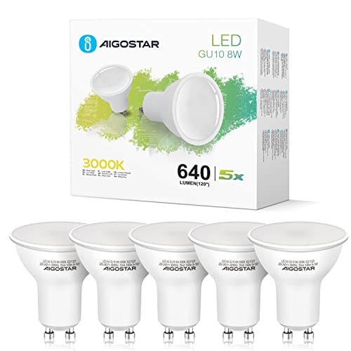 Aigostar - Bombilla LED 8W GU10, Luz calida 3000K, 640lm, Esmerilada, no regulable - Caja de 5 unidades