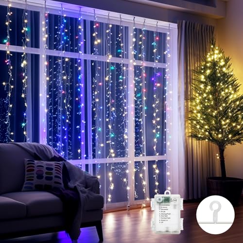 Aigostar cortina luces navidad， 1M*1M， 8 Modos Cadena de Luces con Remoto， 100 LED RGB， temporizador， luces arbol navidad Resistente al Agua， para exterior y Interior， decoracion navidad， Fiestas