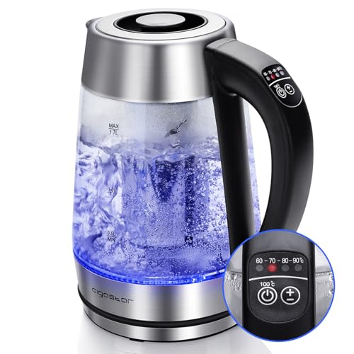 Aigostar Cris - Hervidor de agua, vidrio de borosilicato con infusor de té, 5 niveles de temperatura, 1.7L, 2200 W, función mantener caliente, iluminación LED, apagado automático, libre de BPA.