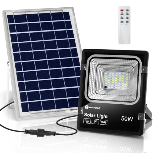 Aigostar - Foco proyector LED solar con mando a distancia，50W，6500K luz blanca.Resistente al agua IP66.Perfectos para interior y exterior jardín，patios，caminos o garajes，Longitud de cable 2M.