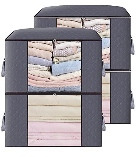 AIOR 4pcs Bolsa de Almacenamiento de Ropa Plegable, 84L Grandes Cajas de Almacenaje Ropa con Cremallera y Mango Reforzado, No-Tejida Organizador Guardar para Edredones Mantas, 60x40x35cm