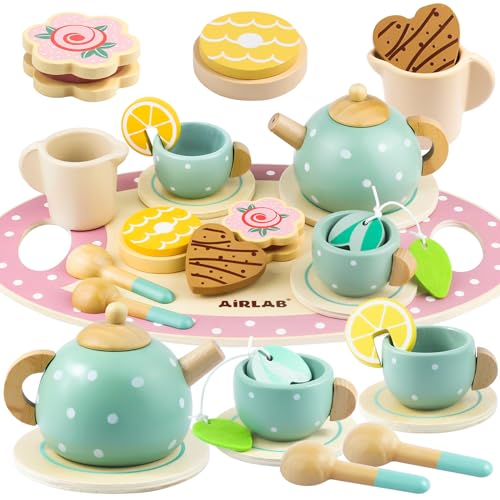 Airlab Juegos de Té infantiles, Madera Accesorios de Cocina Juguetes Incluye Postre y Galletas, Juego de Rol de Comida Juguete para Cocinita, Regalo de Cumpleaños para Niñas Niño Bebé 1 2 3 4 5 6 Años