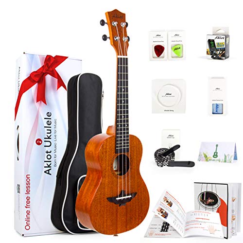 Aklot Tenor Ukelele de 26 Pulgadas Caoba Maciza Ukeleles Con Curso en línea gratuito y 8 Kit de inicio (Bolso, selecciones, sintonizador, correa, cuerdas, manual del usuario y caja de regalo)