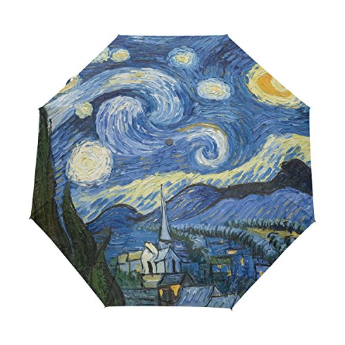 ALAZA Pintura de la Noche Estrellada de Van Gogh Aceite Automóviles Viajes Abrir/Cerrar Paraguas con Anti-UV a Prueba de Viento Ligero