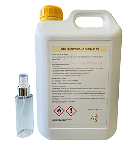 ALCOHOL ISOPROPILICO 99,9% RIQUEZA | ISOPROPANOL | 5 Litros | INCLUYE PULVERIZADOR 100 ML | Limpieza de componentes electrónicos, pantallas, lentes y desinfección de superficies