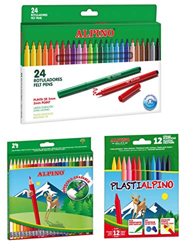 Alpino escolar pack: 24 lápices de colores borrables + 24 rotuladores + estuche con 12 ceras