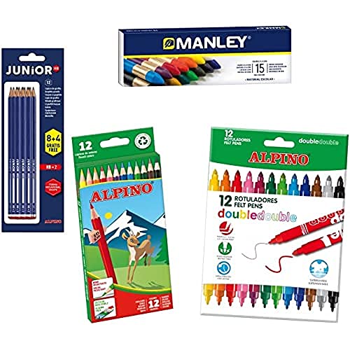 Alpino Lote Material Escolar | 12 Lápices de Colores 12 Rotuladores Doble Punta 12 Lápices Grafito 15 Ceras Manley | Disfruta Pintando y Coloreando | Pack Material Escolar