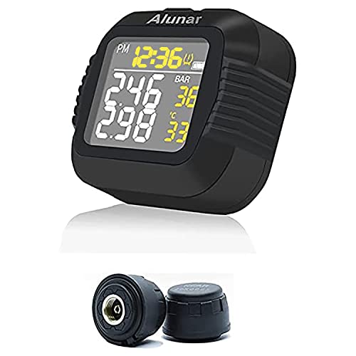 ALUNAR Moto TPMS Sistema inalámbrico de monitoreo de presión de neumáticos Succión magnética USB Pantalla Digital LCD Grande 12/24 h Tiempo preciso 2 Puntos decimales 2 sensores externos