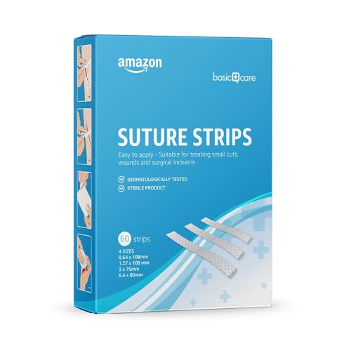 Amazon Basic Care - Tiras de sutura hipoalergénicas esterilizadas, 4 tamaños, 60 Unidad, paquete de 1