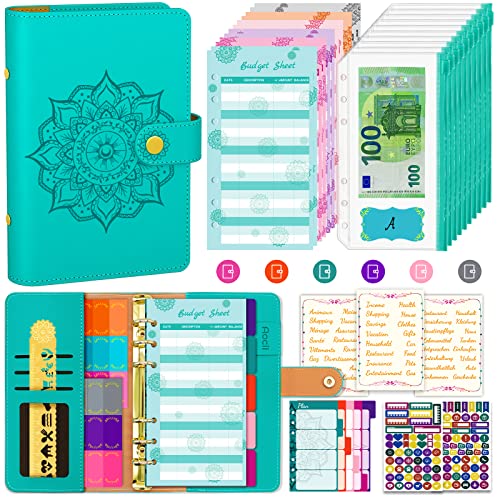 Aocii Budget Planner Budget Binder A6 - Planificador financiero de presupuestos, libro de presupuestos con bandejas para el dinero, etiquetas de planificador de presupuestos (Azul pavo real)