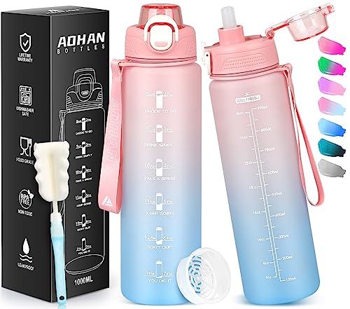 AOHAN Botella de agua Tritan sin BPA, botella de agua para deporte con filtro y marcador de tiempo, botella impermeable con pajita para deporte, senderismo, escuela, oficina