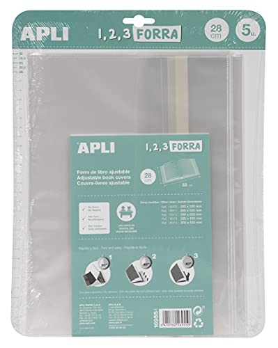 APLI 16955 - Forro de libros con solapa ajustable de polipropileno. Medida 28 x 53 cm, 75 µ. Pack de 5 u.