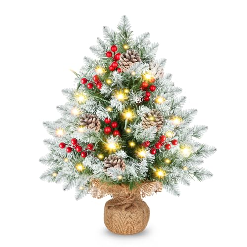 Arbol de Navidad, Mini Arbol de Navidad Artificial Preiluminado de 20.0 in con Luces LED, Arbol de Navidad de Abeto Nevado con Piñas y Frutos Rojos, Decoraciones Navideñas de Escritorio