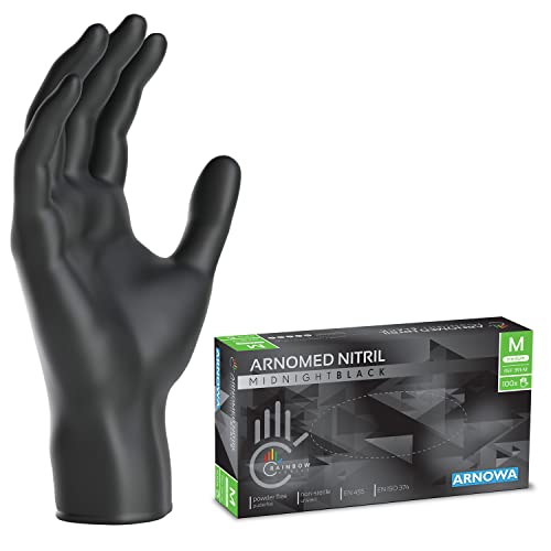 ARNOMED Guantes nitrilo negro talla M, guantes de nitrilo, caja guantes nitrilo 100 unidades, guantes negros nitrilo sin polvo y látex, desechables, guantes nitrilo mecanico en XS, S, M, L, XL, XXL