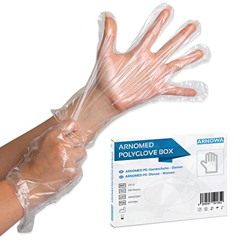 ARNOMED Guantes polietileno mujeres, 100 uds. guantes de polietileno desechables en caja, guantes de polietileno transparentes, guantes polietileno desechables para teñir, repostar y alimentos