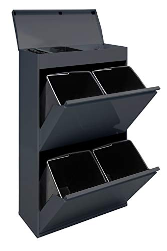 Arregui Top CR624-B Cubo de Basura y Reciclaje de Acero de 4 Compartimentos con Bandeja Superior | Cubos de Basura de Cocina | Contenedores de Reciclaje para Casa u Oficina | 4x17L (68L) | antracita