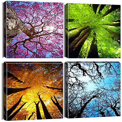 Artscope Lienzos Decorativos - Bosque de Las Cuatro Estaciones Imágenes Estilo Nórdico Pintura Prueba de Agua con Marco Listo para Colgar para Sala de Estar Décor Dormitorio Regalo 30x30cm