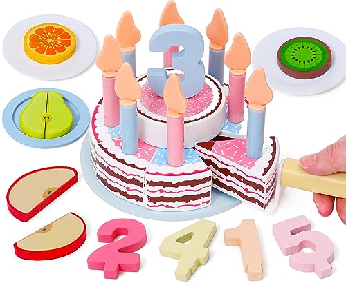 Atoylink Pastel De Cumpleaños de Madera, Accesorios de Cocina de Madera con Números Velas fruta de madera, Tarta de Cumpleaños Pastel de Juguete Juegos de madera Regalo para Niñas Niños 1 2 3 4 5 Años