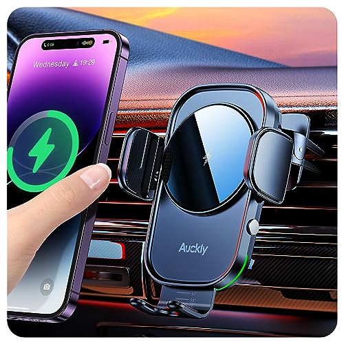 Auckly Qi 15W Cargador Inalámbrico Coche,Wireless Car Charger Soporte con Bloqueo Automático Rápida Salida de Aire para iPhone 13/12 Pro MAX Mini 11/XS MAX/XR/8/7,Galaxy S20/S10/P20 Note 9/S9 y Otros