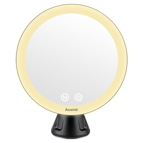 Auxmir Espejo Maquillaje Pared con Luz LED 10X Aumento, Espejo Cosmético con Ventosa, Giratorio 360, 3 Colores de Luz, Brillo Regulable, Recargable, para Afeitado Maquillaje, Negro