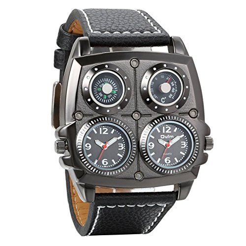 Avaner Reloj de Pulsera Grande Punky Militar Deportivo para Hombres, Brújula y Termómetro Decorativos Ancha Correa de Cuero Negro, Friki Reloj de Piloto 2 Zona de Horarios, Regalos dia del padre origi