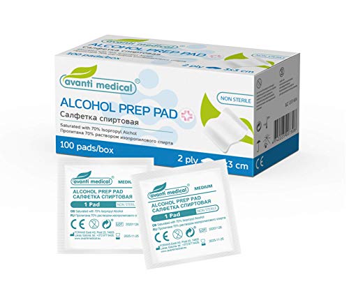 Avanti Medical Toallitas con alcohol - Toallitas de 2 capas con un 70% de etanol - Desinfección y limpieza para el hogar y los viajes - 100 piezas, 3x3 cm, envueltas individualmente