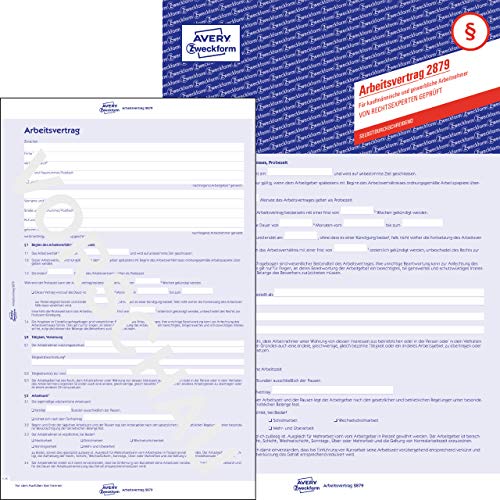 AVERY Zweckform 2879-5 contrato de trabajo para trabajadores comerciales y comerciales (contrato, formulario de 3 páginas en A4, sin carbón) 1 pieza, azul